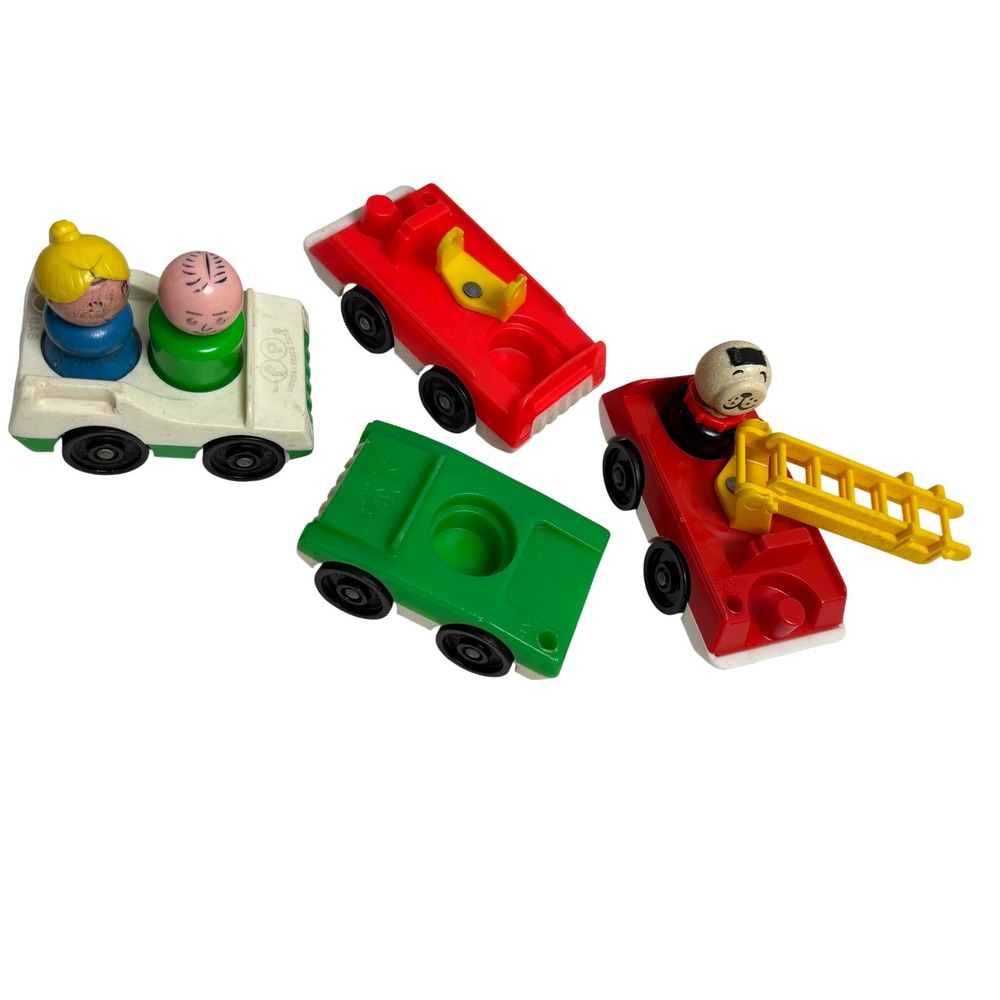 Vintage Fisher Price Little‎ People Cars Fire Truck Wood Plastic Figures Lot 7pc